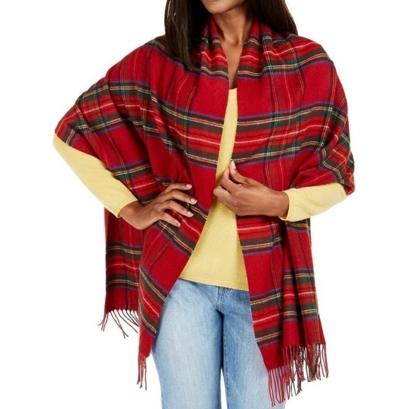 V FRAAS Women’s Red Tartan Plaid Fringe Wrap Scarf Poncho Topper Germany Made - Picture 1 of 10